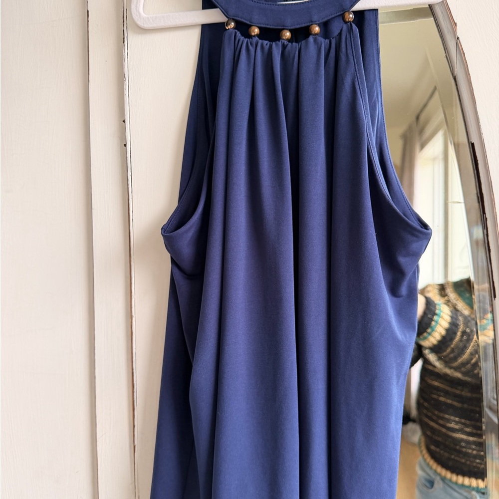 Michael Kors Navy Halter Blouse with Gold Bead Detail